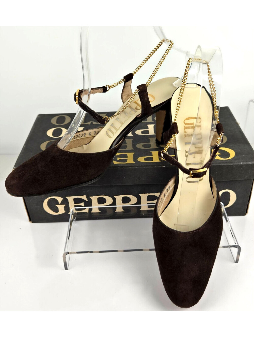 Geppetto Brown Suede Chain Strap Slingback Heels Size 7 AA